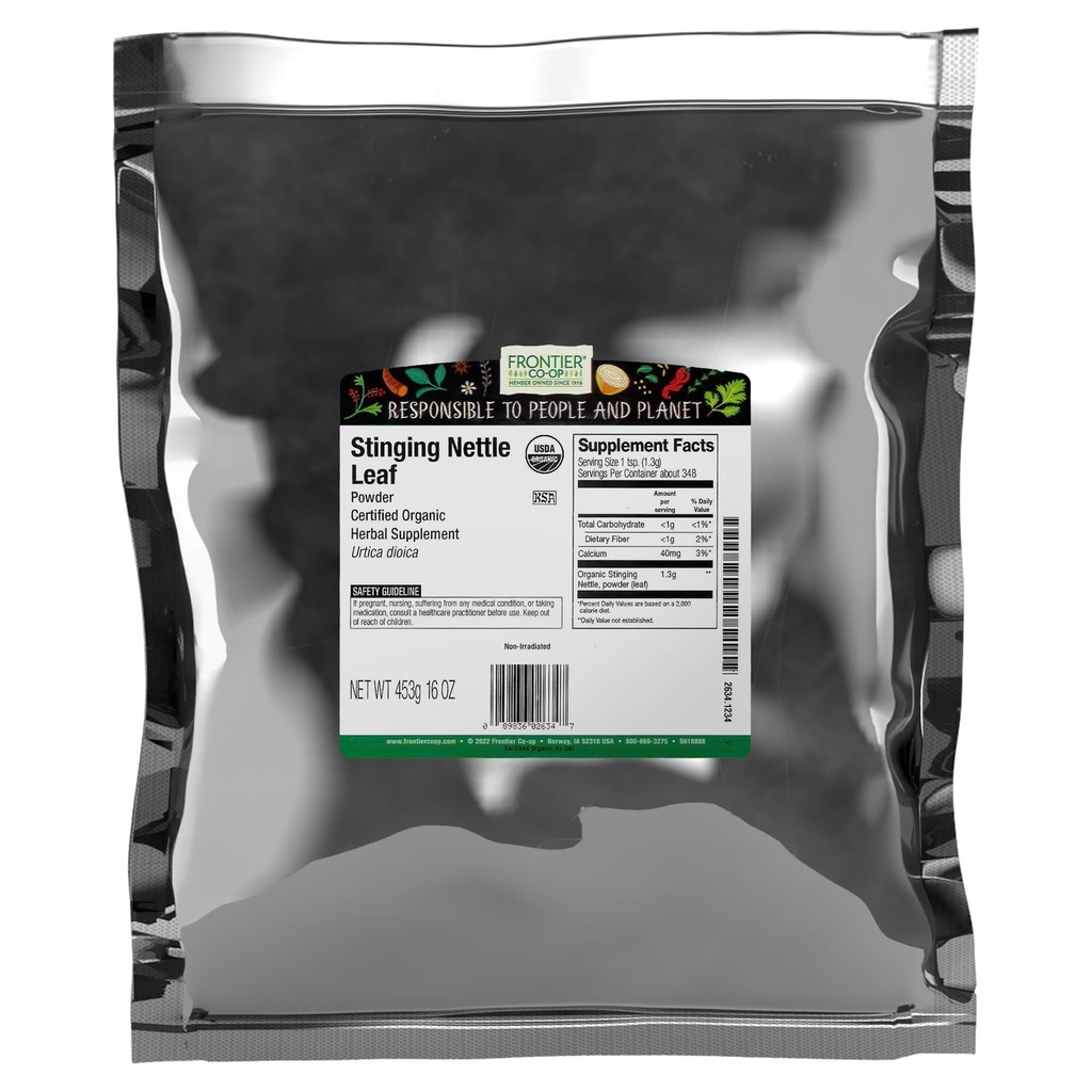Frontier Co-op Organic Ground Sting Nettle Leaf, Dried Nettle Leaf Powder, Kosher | 16 Ounce (Pack of 1)