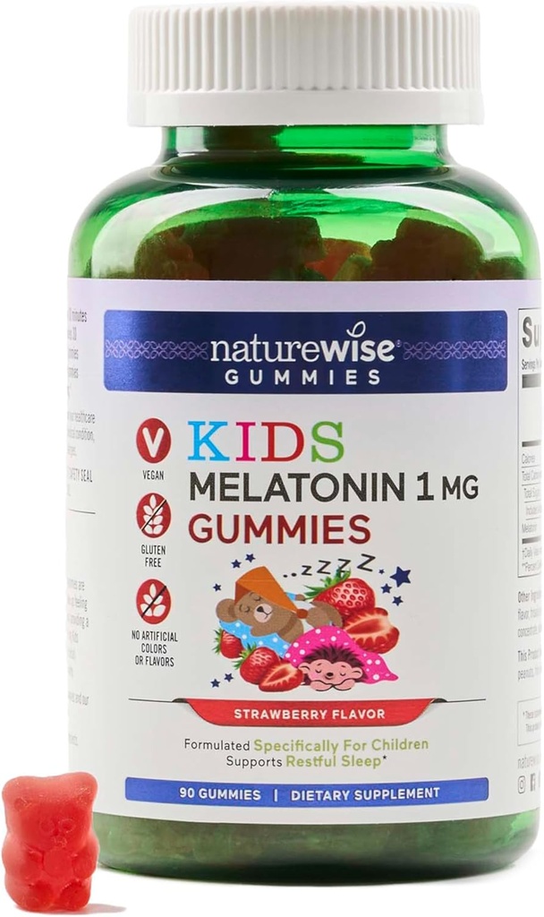 Naturewise Kids Melatonin Gummies 1 mg - Droga-Free, Non-Habit che forma l'aiuto al sonno per i bambini Età 4 &amp; Up - Strawberry Aromaed Gummy Bears - Vegan, Gluten Free, Non-GMO - 90 Count[3-Month Supply]