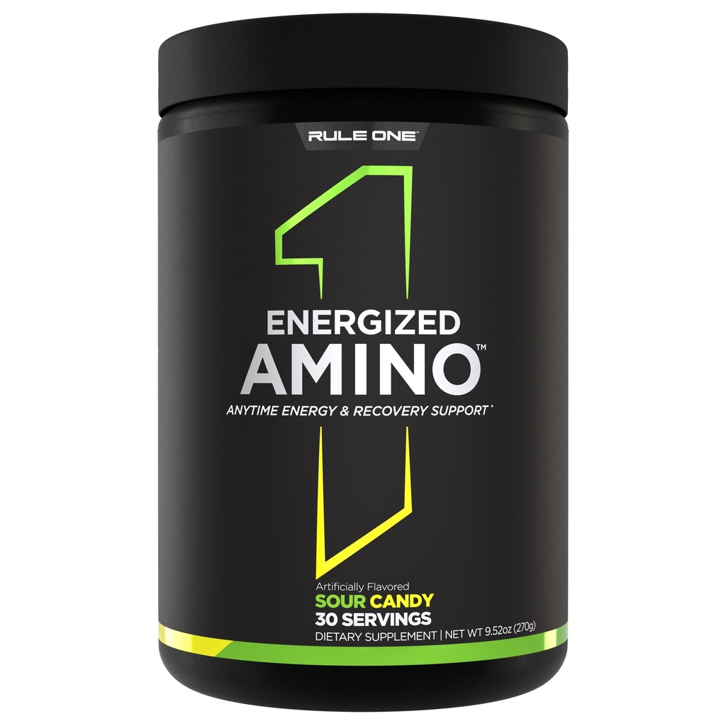 Regola 1 Amino Energizzato – In qualsiasi momento Energy and Recovery Support with BCAAs, Glutamina, Citrulline, Beta Alanine, and Caffeine from Green Coffee & Tea Leaf Extracts (30 Servings, Sour Candy)