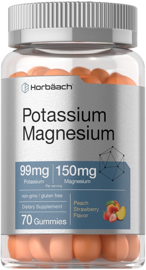 Horbäach Potassium Magnesium Supplement Gummies | Peach Strawberry Flavor | 70 Count | Vegan, Non OGM e Gluten Free Formula