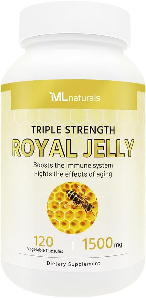 ML Naturals Royal Jelly 1500mg 120 capsule vegetali, equivalenti con 6% (27mg) 10-HDA. Freeze-Dried, Gluten Free, NSF-Certified & cGMP-Compliant