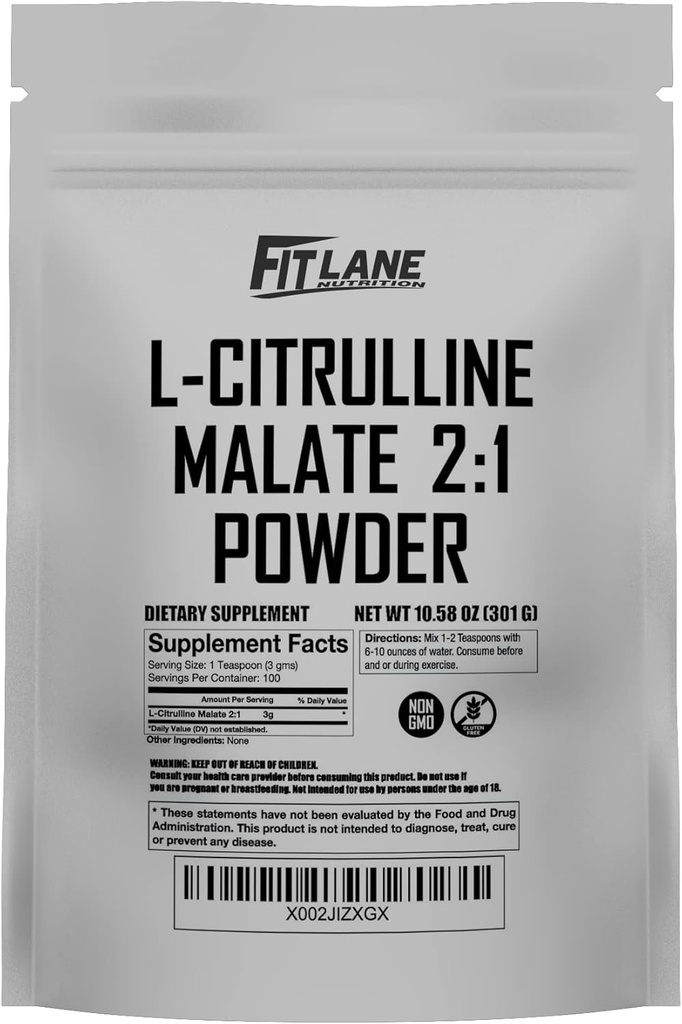 L Citrulline Malate 2 1 Polvere 300 Grammi - Bulk Ingrediente - Free Form Amino Acid Pre Workout Supplement - Raw e Pure senza Additivi di Fit Lane Nutrition.