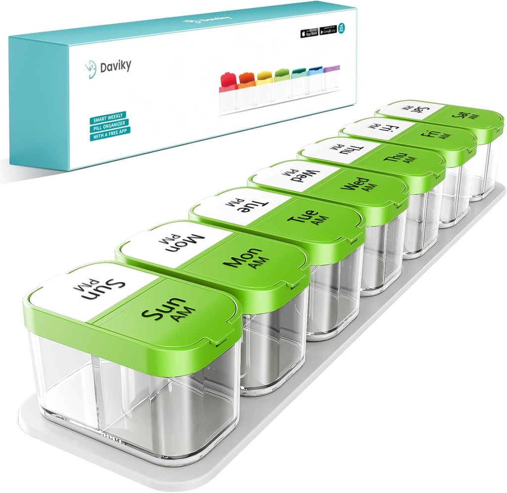 Daviky Large Weekly Pill Organizer 2 volte al giorno, Extra Large Travel Pill Box 7 giorno, Am Pm Twice Daily Pill Case, Pill Holder Container per la vitamina, Medicina, Supplemento, Fish Oil, BPA Free, Green