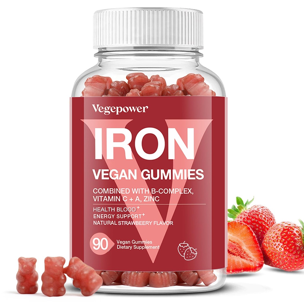 Iron Gummies Integratori per Donne e Bambini - Multivitamina con Vitamina C per il supporto energetico, Grandi Vitamine Di Gomma Di Ferro Con Vitamina C per Assorbimento Max - Vegan, Fragola 90 Conte