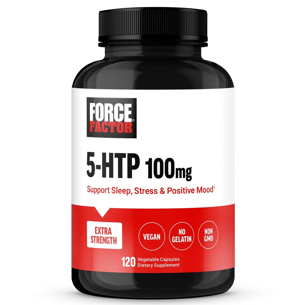 FORCE FACTOR 5HTP Sleep Aid e Mood Support Supplemento, Extra Forza 5 HTP, Integratore di sonno naturale per gli adulti per sostenere il riposo calmo e stress equilibrio, vegano, non OGM, 120 capsule