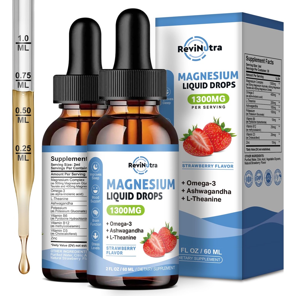 Gocce di glicinato liquido 2 Pack con Taurate & Citrate, Magnesio calmo con Omega3, L-teanina, Potassio, Ashwagandha, Vitamina per il sonno, Muscolo, Salute Immune, Aroma di fragola senza zucchero