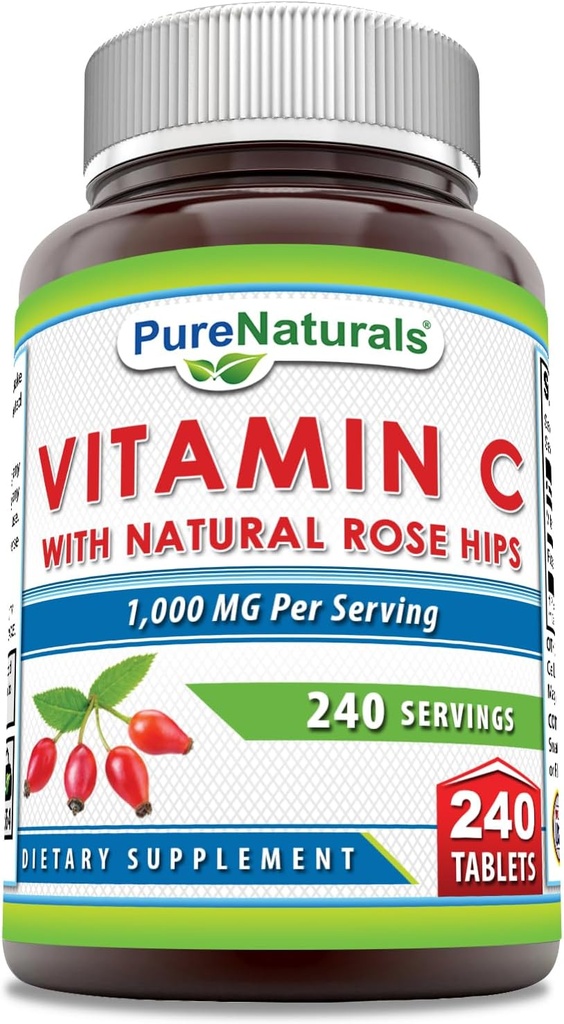 Pure Naturals Vitamin C con Rose HIPS 1000 mg Per Servings | 240 compresse Supplemento | Non OGM | Gluten Free | Made in USA