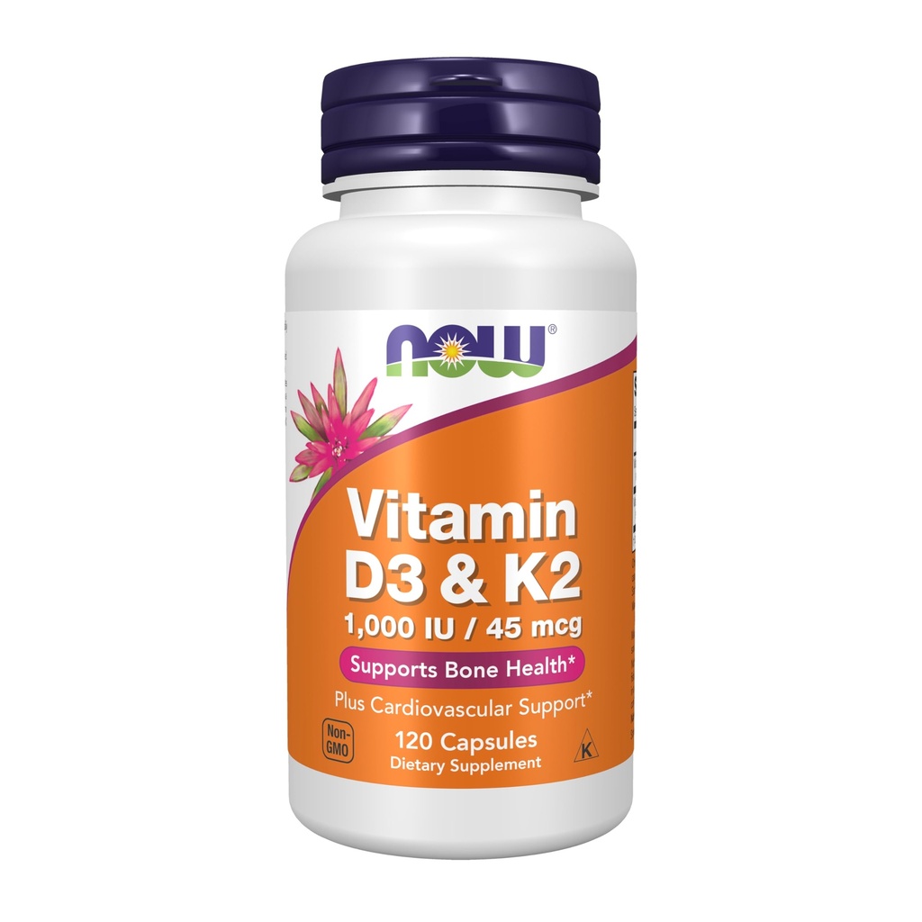 NOW Integratori, Vitamina D-3 & K-2, 1.000 IU/45 mcg, Plus Cardiovascular Support*, Supporta la salute di ossa*, 120 capsule di veg