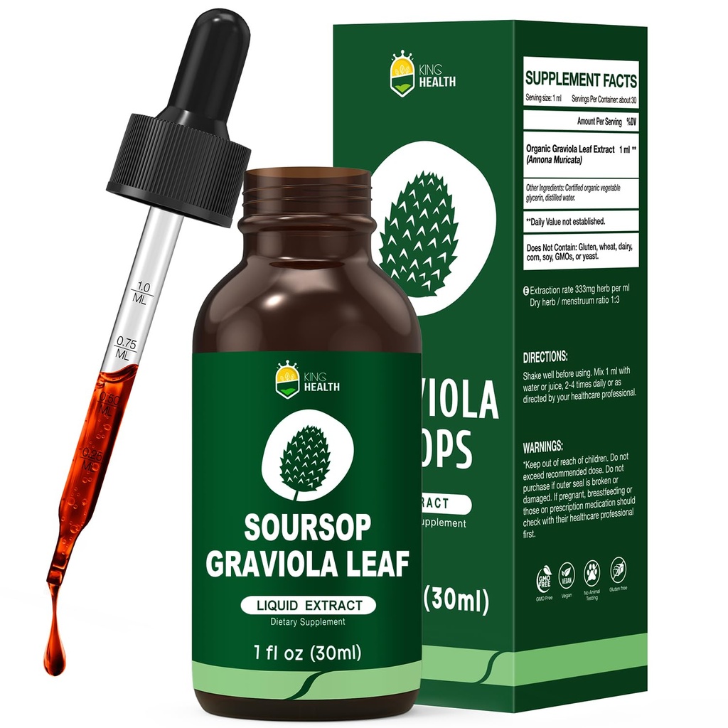 Organic Soursop Graviola Leaf Extract Liquid Drops | Soursop Bitters Liquid | High Absorption, Enhanced Bioavailability | Vegan, Non-GMO, Gluten Free | Supporto immunitario | 1 Fl Oz