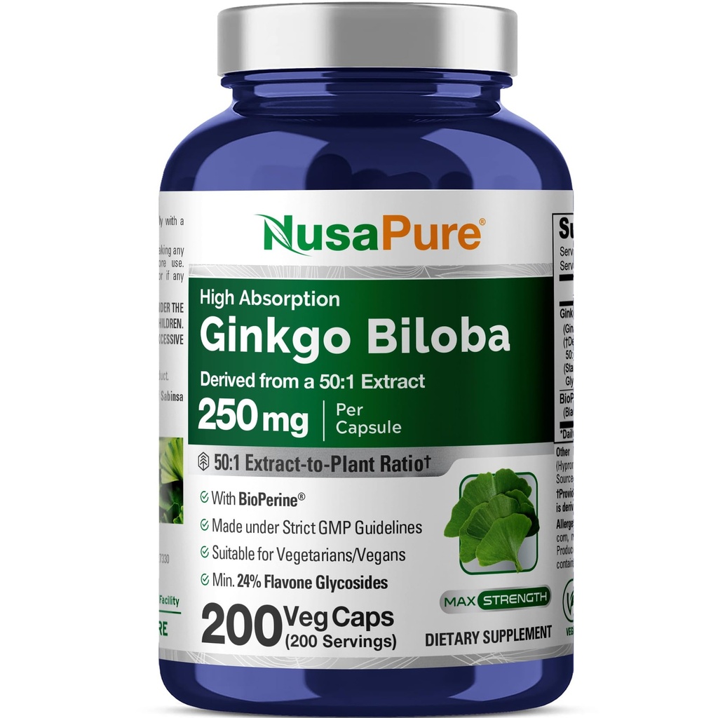 NusaPure Ginkgo Biloba 50:1 Estratto, 250 mg Equivalente a 12.500 mg per Veggie Caps 200 capsule (Vegetarian, Non OGM, Vegan) Bioperine