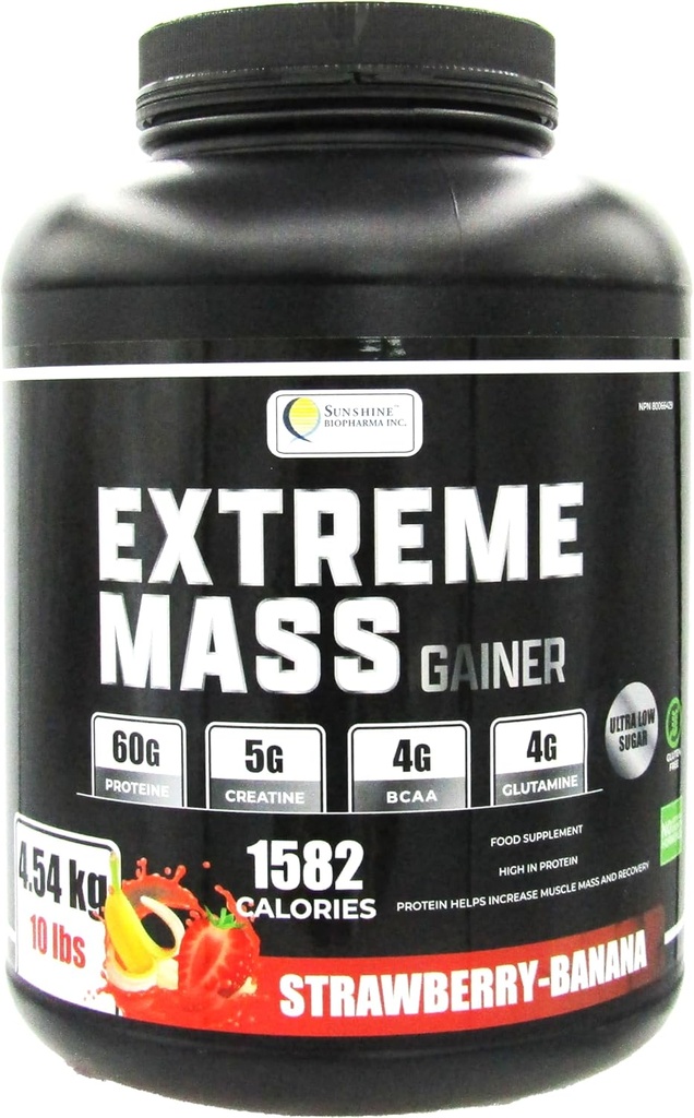 Extreme Mass Weight Gainer Muscle Builder, 10 lb (4.54 kg) con Meno Zucchero per Allenamento Intenso Realizzato in alta Calorie Proteine del siero Fortificata (Strawberry-Banana)
