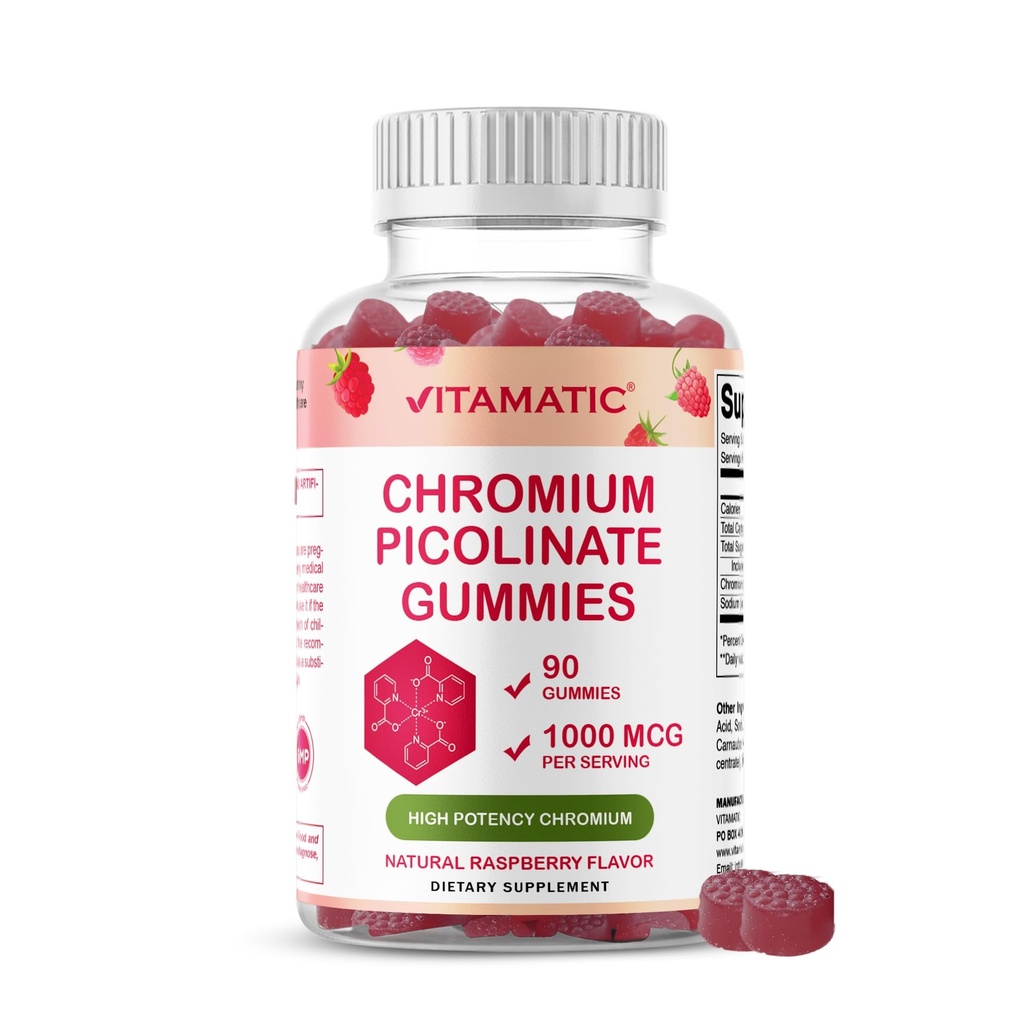 Vitamatic Chromium Picolinate 1000 mcg - 90 Gummies - Cromo ad alta potenza - Raspberry Flavor