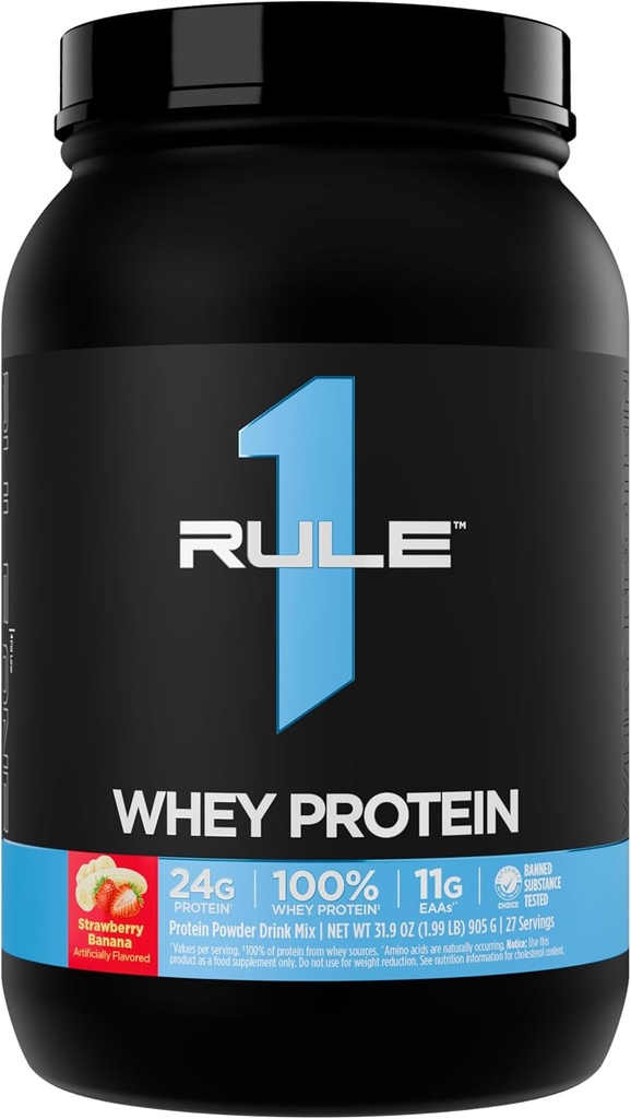 Regola 1 Whey Protein – 24g Proteine ad azione rapida da fonti all-Whey con EAAs e BCAA per il recupero di allenamento o in qualsiasi momento uso (2 Pounds*, Strawberry Banana)