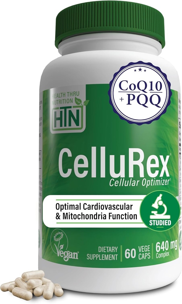 Health Thru Nutrition CoQ10 Plus PQQ e Red Spinach | Cellurex | Ottimizzazione cellulare per l'energia della circolazione cerebrale e il supporto della funzione Mitochondria | Certificata Vegan | Non OGM (Pack of 60)