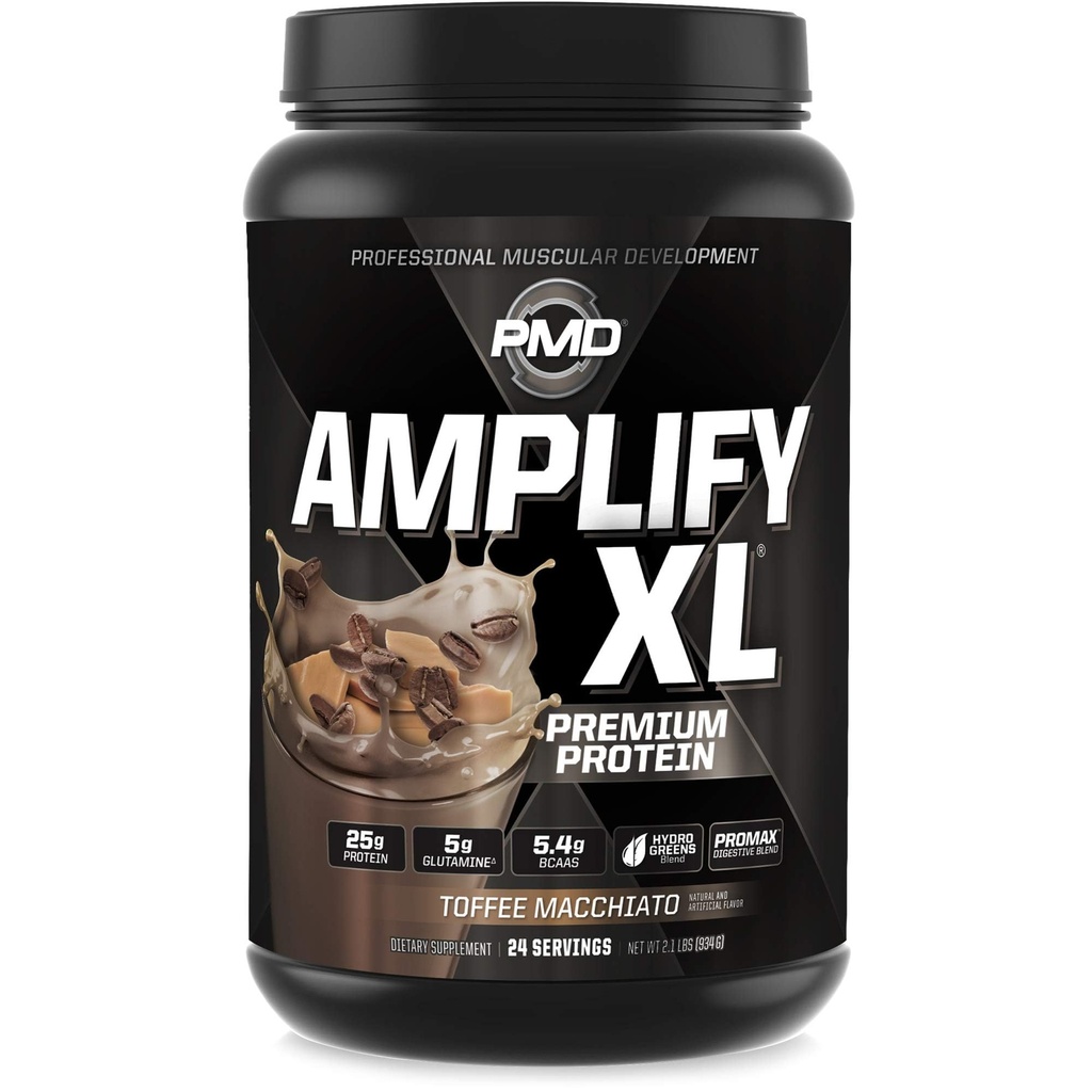 PMD Sports Amplify XL Premium Whey Protein Supplement Hydro Greens Blend - Glutamina e Whey Protein Matrix con Superfood per Muscolo, Forza e Recupero - Toffee Macchiato (24 Serve)