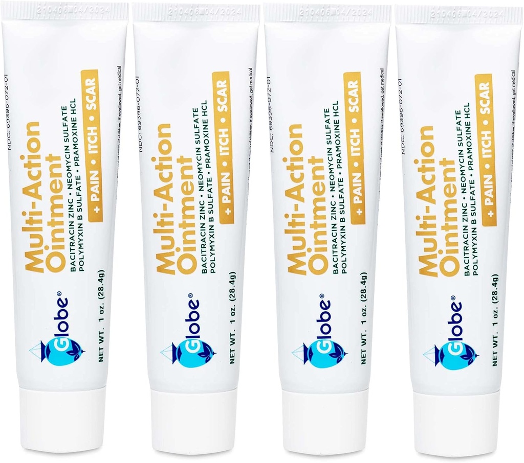 Globo (4 Pack) Sciarpa antibiotica di primo soccorso Minimizing Pain-Relief, Unguento Anti-Itch con Neomicina, Zinco Bacitracin, Pramoxine HCl & Polymyxin B, per tagli minori, Scrapes & Burns