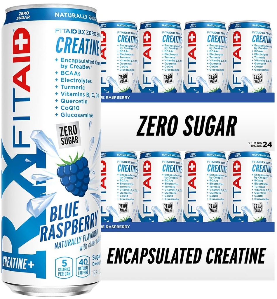 FITAID RX Zero Sugar, Creatina incapsulata, Workout Recovery Drink, All-In-One Blend, BCAAs, Glucosamine, Turmeric, B-Complex, Electrolytes, Blue Raspberry, 12 Fl Oz (Pack of 24)