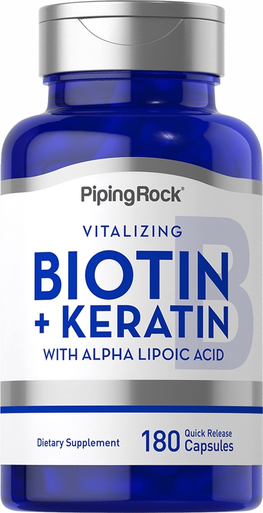 Piping Rock Biotin 5000mcg | 180 capsule | Plus Keratin and Alpha Lipoic Acid | Non OGM, Gluten Free Supplement