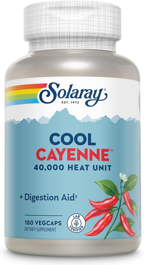 SOLARAY Cool Cayenne Pepper 40,000 HU, Cayenne Pepper Capsules, Digestion Aid, Bio-Cool Process, Lab verificato, 60-Day Money-Back Guarantee, 90 Servings, 180 VegCaps