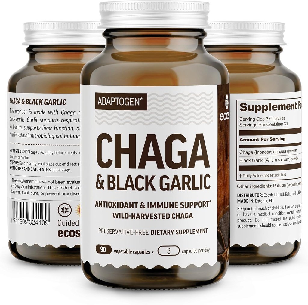 100% Real Wild Chaga Mushroom & Aged Black Aglio capsule in polvere — Antiossidante & Immune Support Supplemento | Nordic Forest Chaga Mushrooms with Black Garlic | No Fillers | 1500mg Capsule | 90 ct