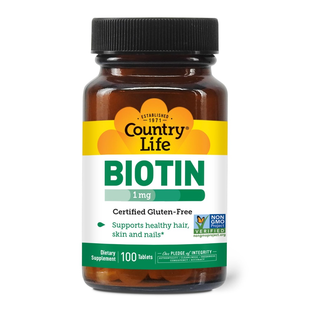 Country Life Biotin 1mg Supporta Capelli sani, Pelle & Unghie, 100 compresse, Glutine certificate Free, Certificate Vegan, Certificazioni Halal, Non OGM Verified