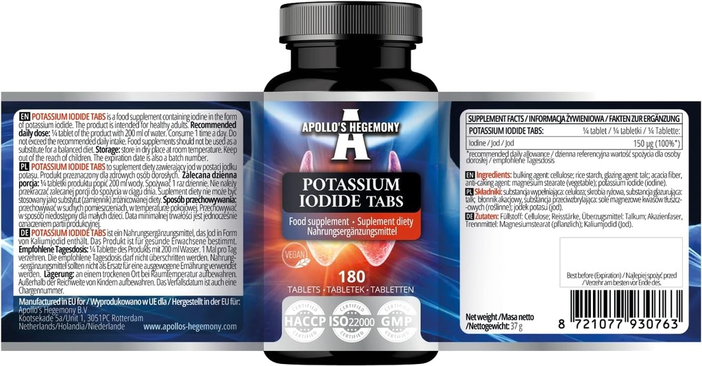 Potassium Iodide 150 mcg per Porzione - 180 compresse vegane - 720 Serve - per la funzione ottimale della ghiandola e il metabolismo energetico - Supplemento dieta per l'egemonia di Apollo