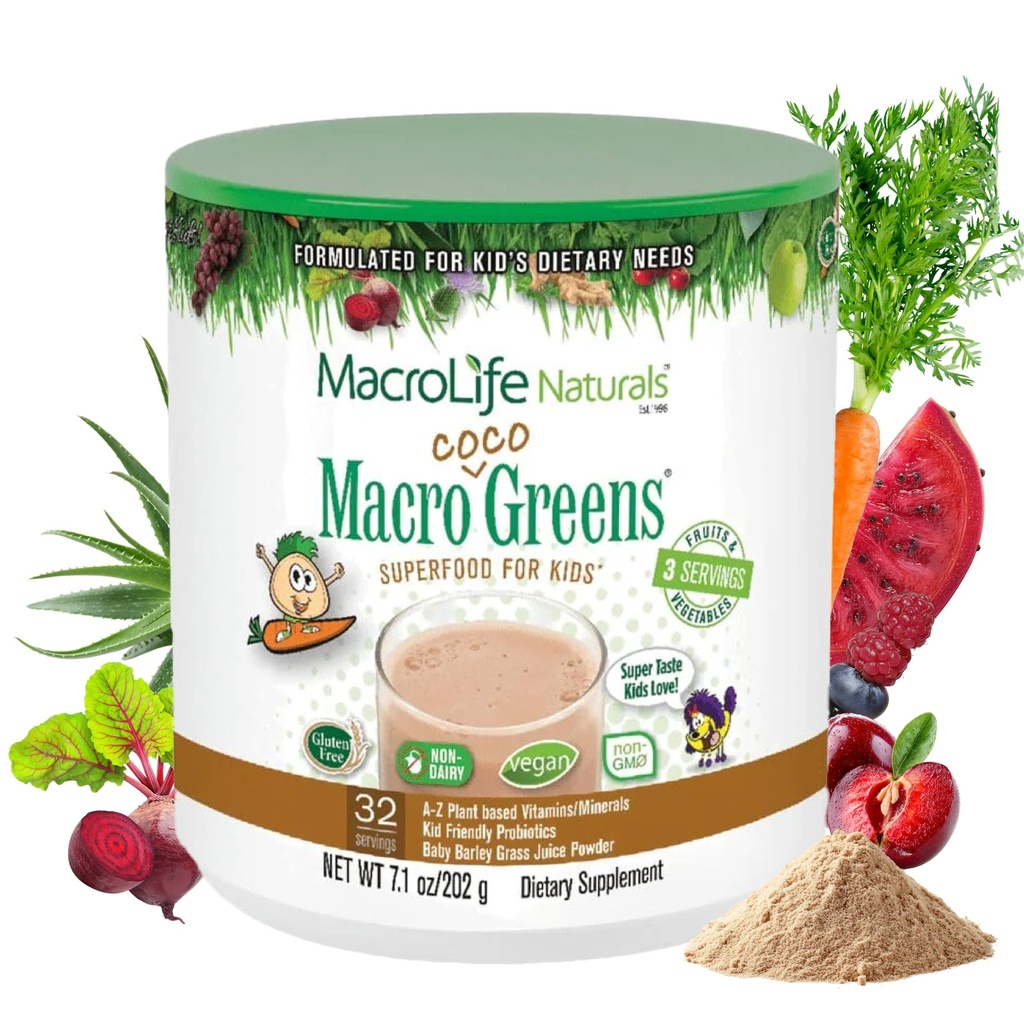 MacroLife Naturals MacroCoco Greens Cioccolato Superfood Polvere per bambini frutta cruda Veggies Probiotics & Digestive Enzymes, Immunity Energy, Non-OGM, Vegan, Gluten, Dairy Free - 7oz (32 Servings)