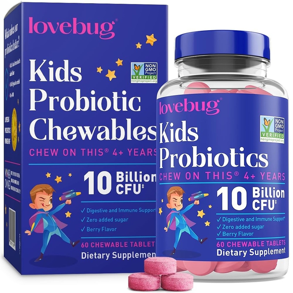 LOVEBUG Probiotici per bambini – Chewables probiotici con fibra prebiotica per età 4+, supplemento Gut Health & Digestive Support per bambini giornalieri, aroma di bacca senza zucchero, 60 conte