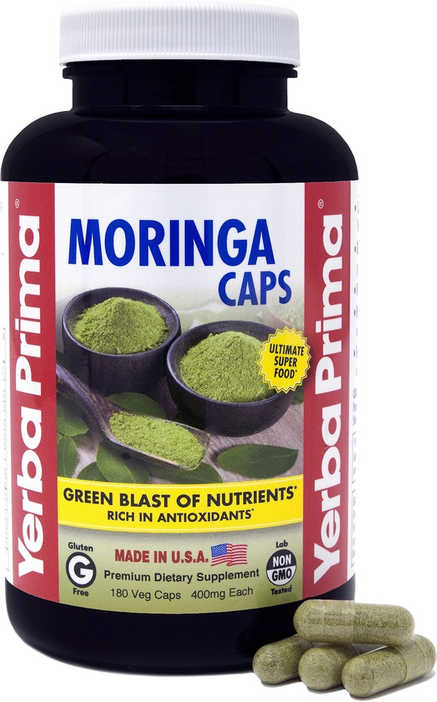 Yerba Prima Moringa, 180 Count Veg Caps - 400mg di polvere di foglia pura, secca, lama verde di nutrienti, ricchi di antiossidanti, 100% puro, Super Cibo, Non OGM, Vegan Friendly, Senza glutine, USA Made