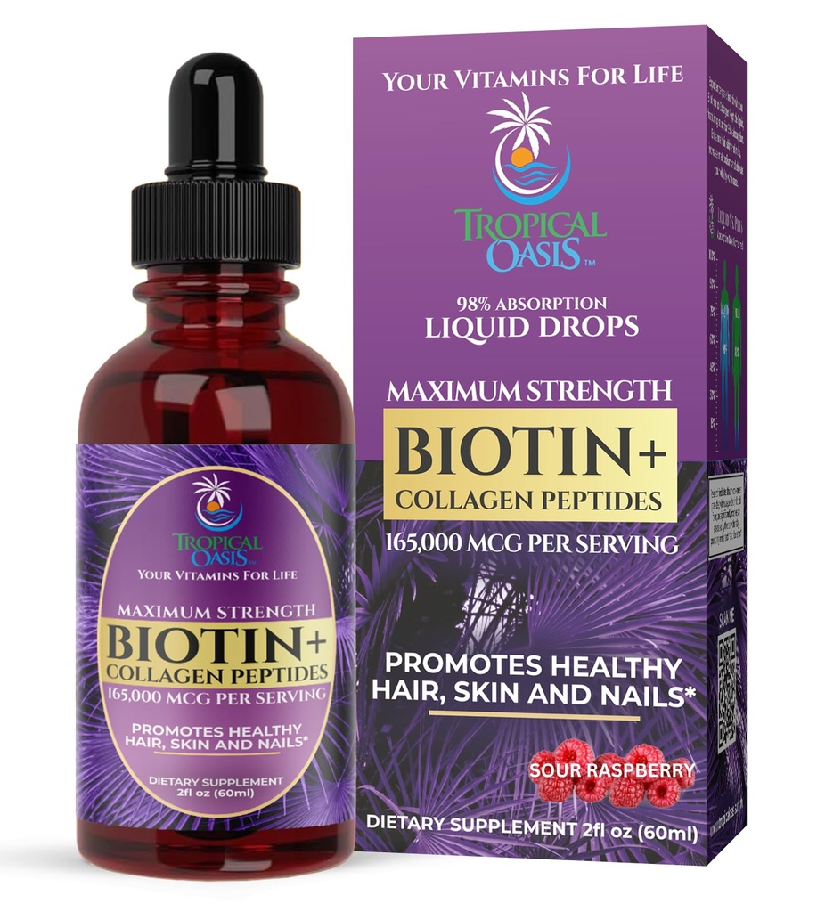Massima resistenza 165.000mcg Liquid Biotin & Collagen Drops – Vitamine per la crescita dei capelli per le donne & uomini – Supporta capelli sani, pelle radiante & unghie forti – 98% assorbimento, non OGM, 60 Serve