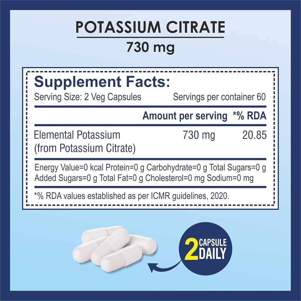 Supplemento Citrato di potassio 730mg, Supporta la funzione del rene e il muscolo sano - 120 capsule vegetali