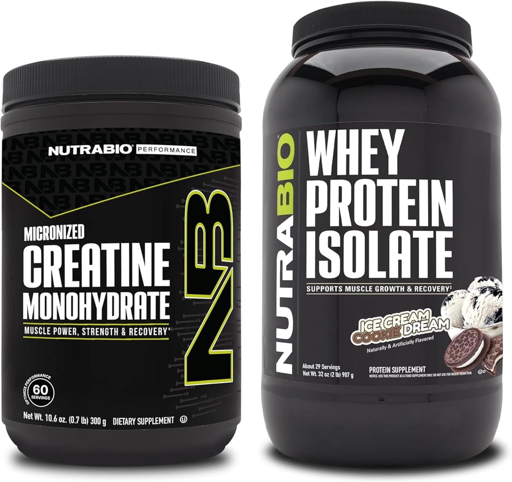 NutraBio Creatina monoidrato, non aromatizzato, 300g e isolato di proteine del siero, Ice Cream Cookie Dream, Supplement Bundle - Muscle Energy, Magra crescita del muscolo, recupero e resistenza