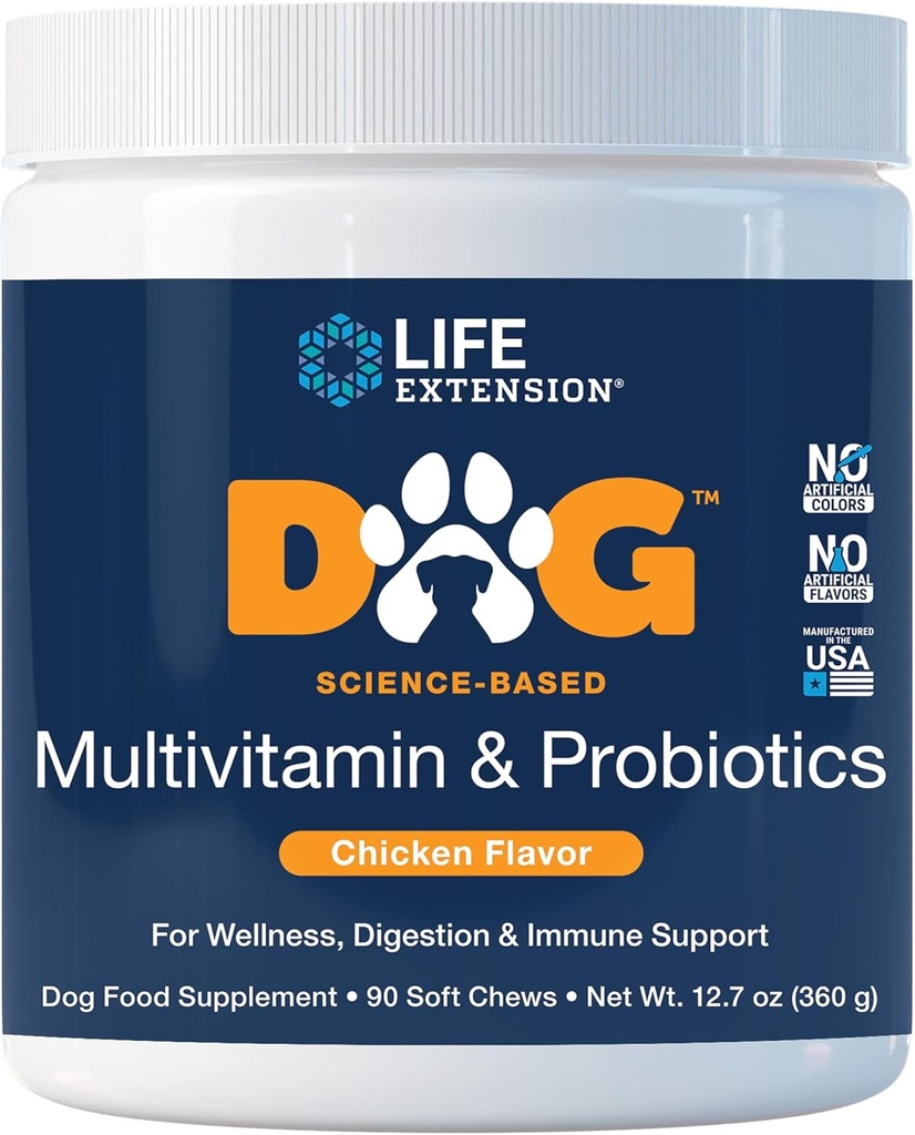 Estensione della vita Cane Multivitamin & Probiotics - Supplemento al cibo per cani per la salute generale, la digestione e il supporto immunitario - Vitamine, Pro Blendbiotic, Colostrum (Bovine) - 90 Soft Chews