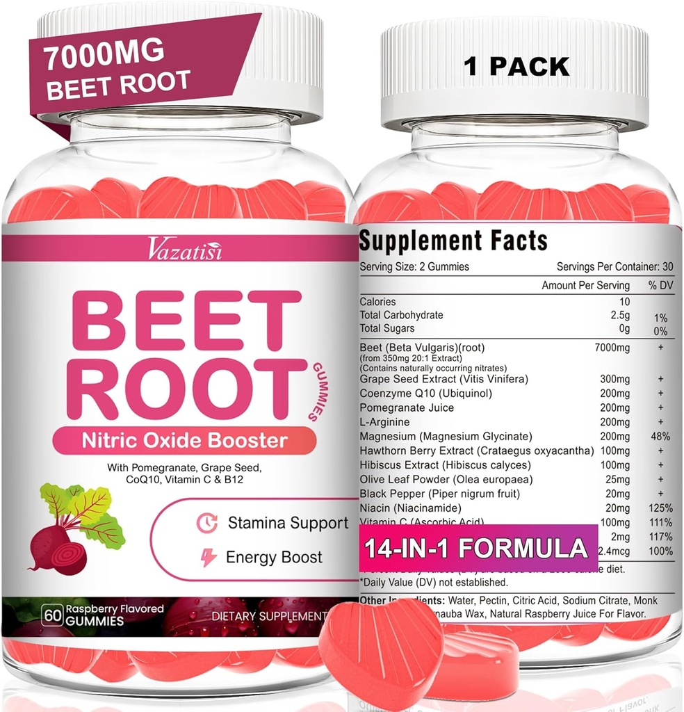 Gummies della barbabietola - Gommie dell'ossido nitrico per il supporto della circolazione, produzione di ossidi nitrico - con semi di uva, bacche di biancospino, ibiscus, organico, non OGM, 60 Gummies