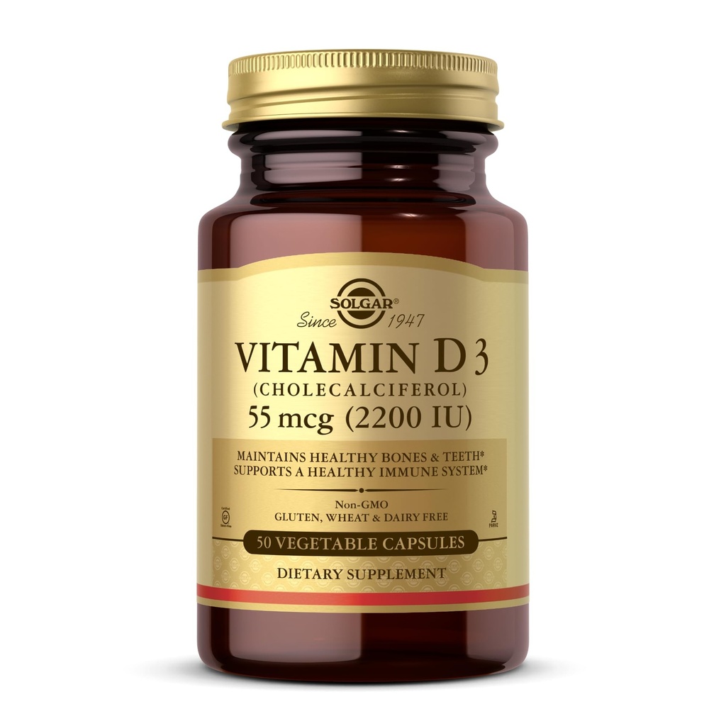 Solgar Vitamin D3 (Cholecalciferol) 55 mcg (2200 IU), 50 Capsule Vegetali - Aiuta a mantenere le ossa sane e denti - Supporto di sistema immunitario - Non-GMO, Senza glutine, Latticini Free, Kosher - 50 Servings