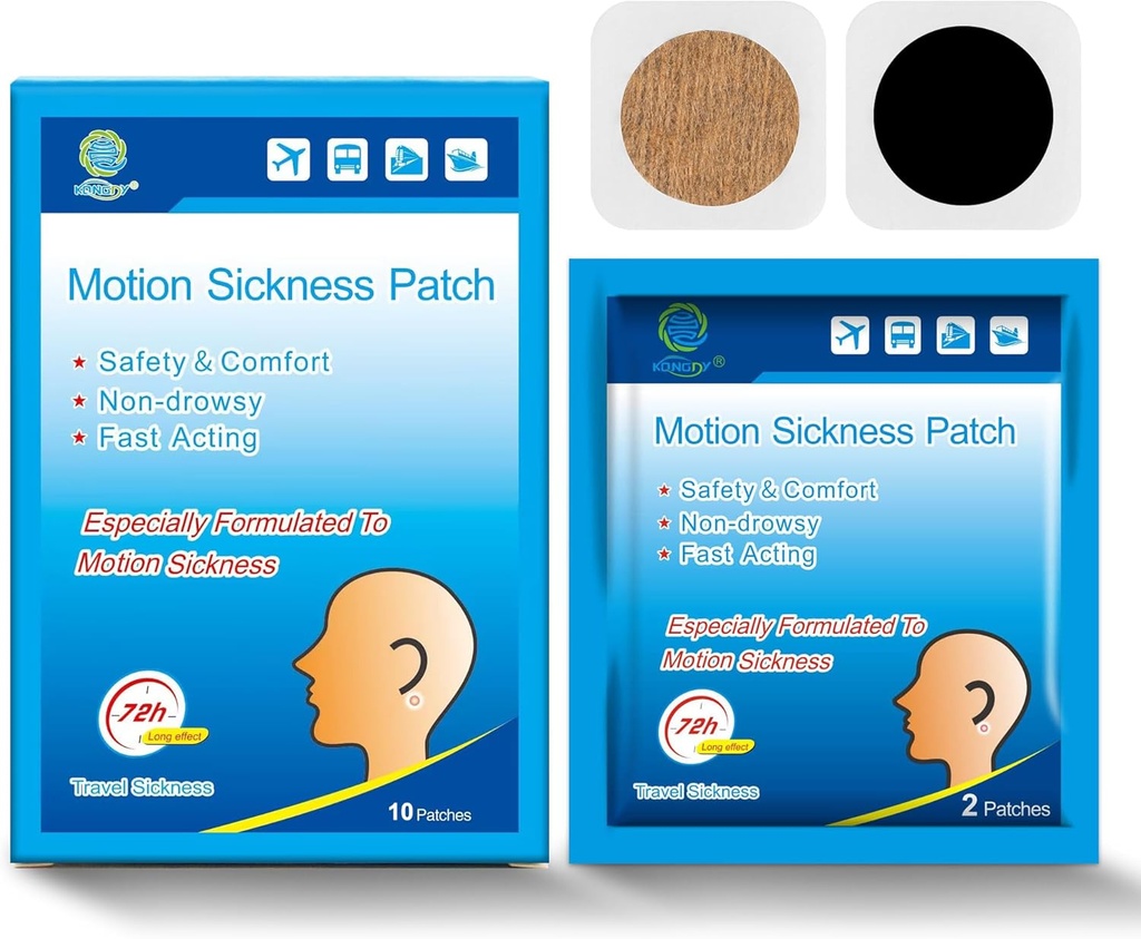 KONGDY 10 conta tacche di silenzio di movimento per bambini adulti, Seasick Patch per la crociera da viaggio con impermeabile e non sonnolenta, Patch di tenuta del mare dietro l'orecchio