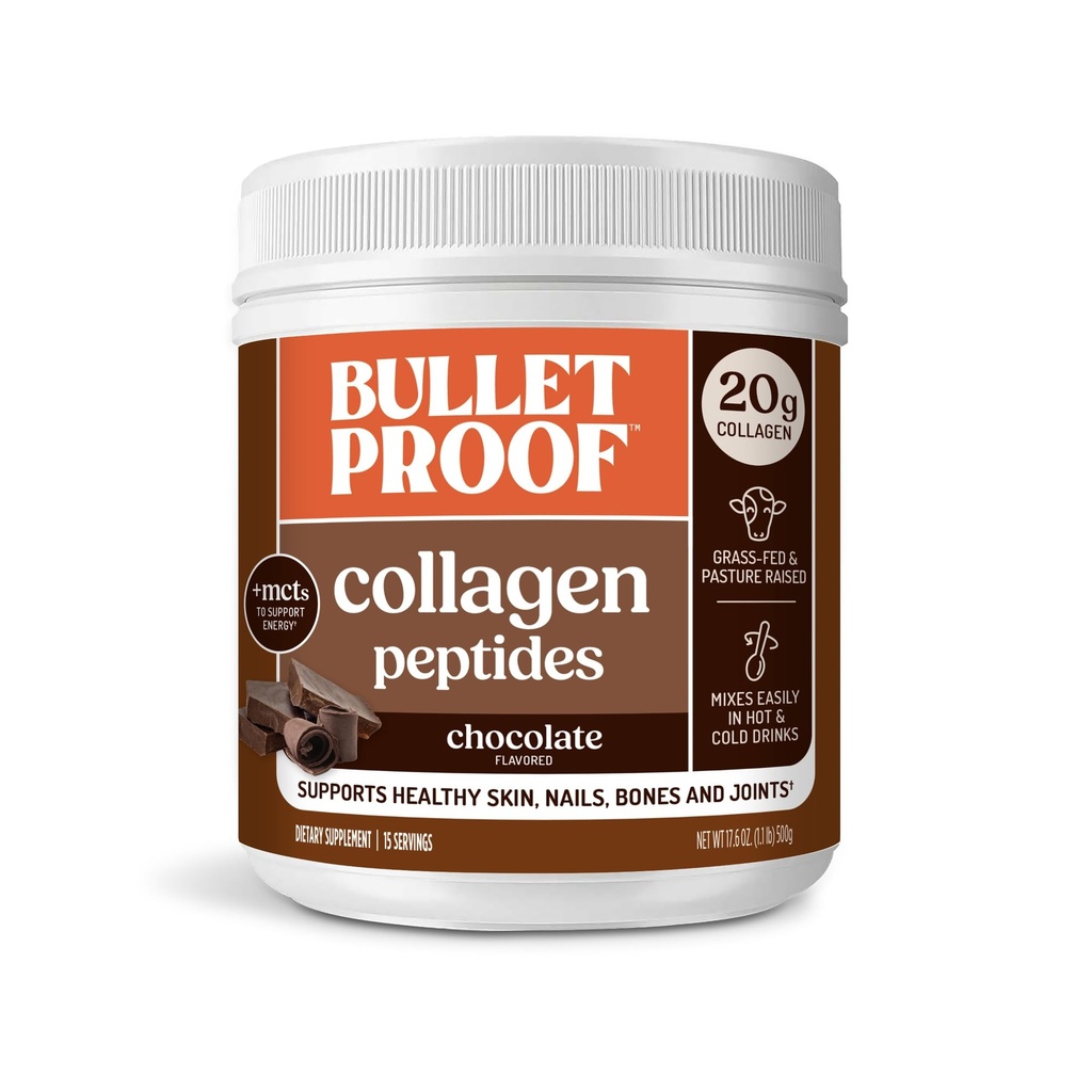 Polvere di proteine del collagene di cioccolato antiproiettile con olio MCT, proteine 19g, 17.6 Oz, peptidi di collagene e aminoacidi per pelle sana, ossa e articolazioni, vary di maggio di imballaggio