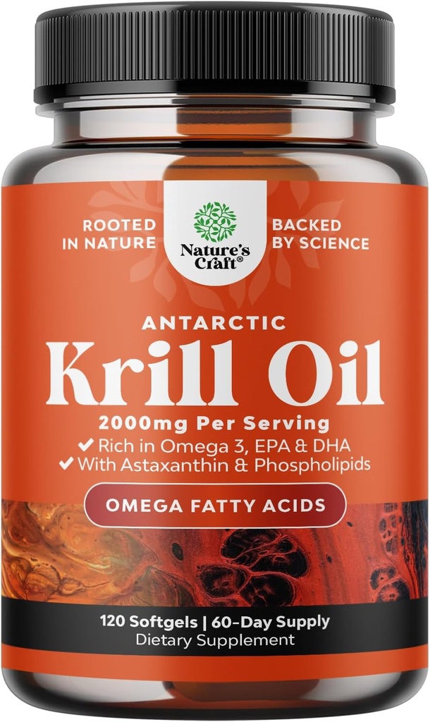 Olio di Krill antartico 2000mg Softgels Per Serving - Omega 3 Krill Olio Supplemento con EPA DHA & Astaxanthin - Laboratorio di terze parti Testato Nessun OGM Gluten o Pesceso Aftertaste - 2 mesi