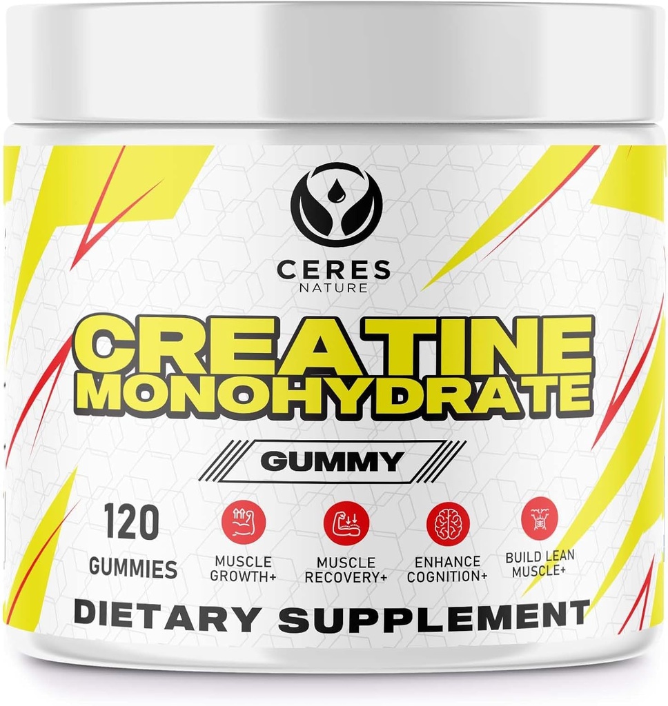 Creatina Monoidrato Gummies per Uomini & Donne-5g di Creatina Monoidrato per Serve - Vegan, Sapore di Lemone, 120 Conte.