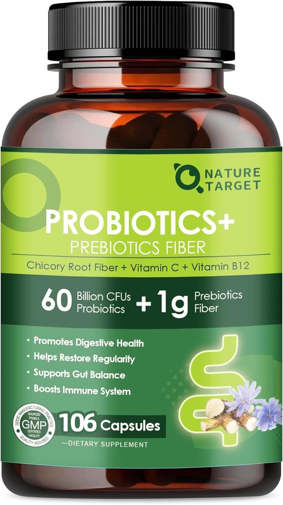 Probiotici per la salute digestiva delle donne con fibra prebiotica - Supplemento fibra con 60 miliardi di Probiotici per la regolarità e pulizia del fegato - Supporti costipazione occasionale - 106 capsule vegetali