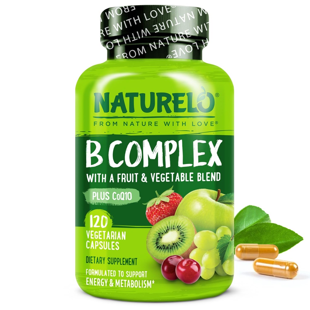 NATURELO Vitamina B Complex con Methyl B12, Methyl Folate, Vitamina B6, Biotin Plus Choline, CoQ10 e Frutta & Verdura Blend - Supporta Energy & Healthy Stress Response - Vegan - 120 capsule