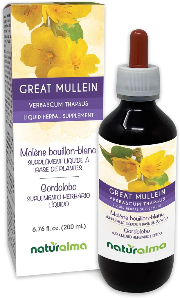 Naturalma Grande Mullein o Mullein comune (Verbascum thapsus) Fiore e Foglia Alcohol-Free Tintura - 6.76 fl oz Estratto liquido in gocce - Supplemento di erbe - Vegan
