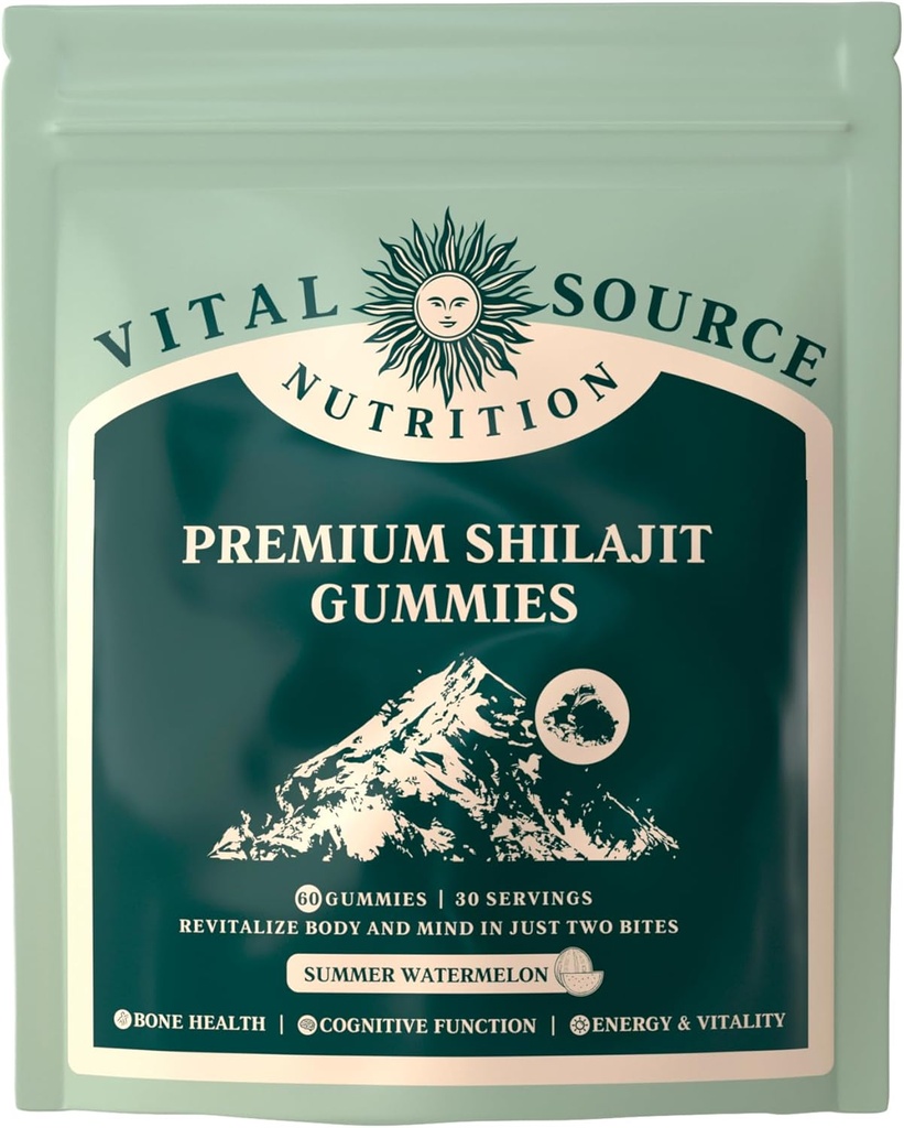 Vital Source Nutrition - Premium Shilajit Gummies - Bone, Cervello, Energy & Vitality Support - Himalayan Organic Shilajit - Vegan, Gluten-Free & Halal - Summer Watermelon - 60 Gummies - 30 Serve