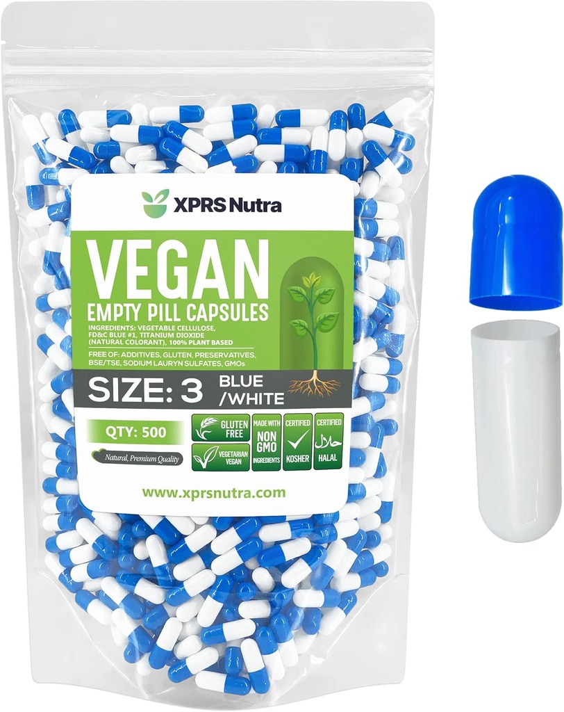 XPRS Nutra Size 3 capsule vuote - 500 conta capsule vegane vuote - Pillole vegetariane - Riempimento di capsule vegetali fai da te - capsule di verdure (blu/bianco)