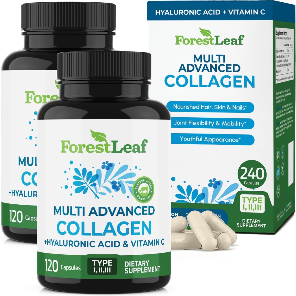 Pillole Multi Collagen ForestLeaf con acido ialuronico + vitamina C | Integratori di collagene idrolizzati per le donne o gli uomini | Capsule multi collagene Peptidi per pelle, rughe, 240