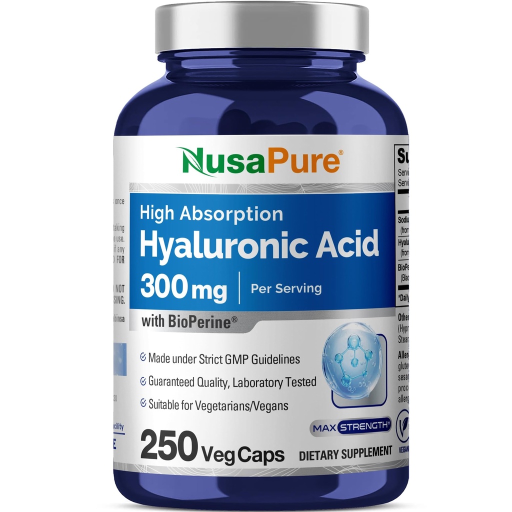 NusaPure Acido Ialuronico 300mg 250 capsule vegetali (non OGM, Vegan)