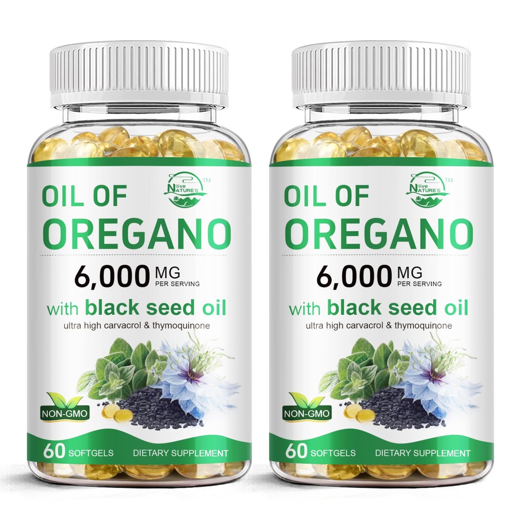 Olio dal vivo della natura di origano con olio di semi neri, 2 in 1 integratore di origano per la salute immunitaria, contiene Carvacrol e Thymoquinone ad alta concentrazione, Non OGM, 60 Softgels, 2 Pack