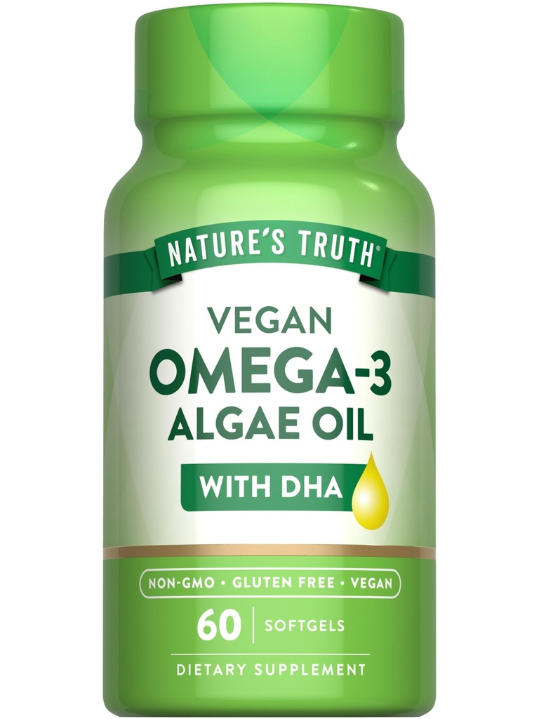 Verità della natura Vegan Omega 3 Softgels | 60 Count | Formula olio di alghe con DHA | Non OGM & Gluten Supplemento gratuito