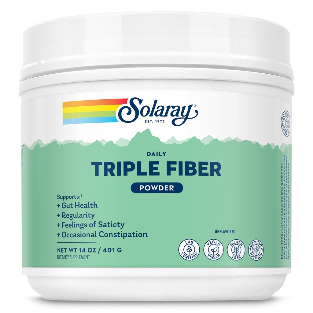 Polvere tripla fibra SOLARAY - Supplemento giornaliero di fibra per le donne e gli uomini w/Prebiotici - Salute del fegato, costipazione occasionale, supporto di salute digestivo, non aromatizzato, vegano, senza glutine, 30 porzioni, 14oz