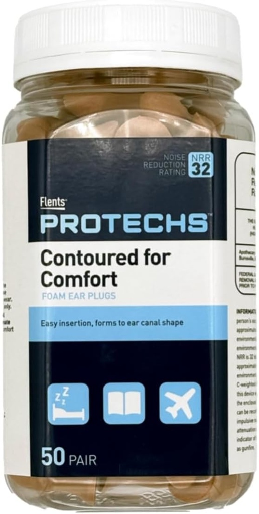 Flents Protechs monouso Foam Ear Plugs, Contoured for Comfort, Ideale per il lavoro, Loud Noise, Heavy Machinery, Costruzione, Studiare, Sparare & Viaggi, NRR 32, Beige, Facile da usare, 50 Pair